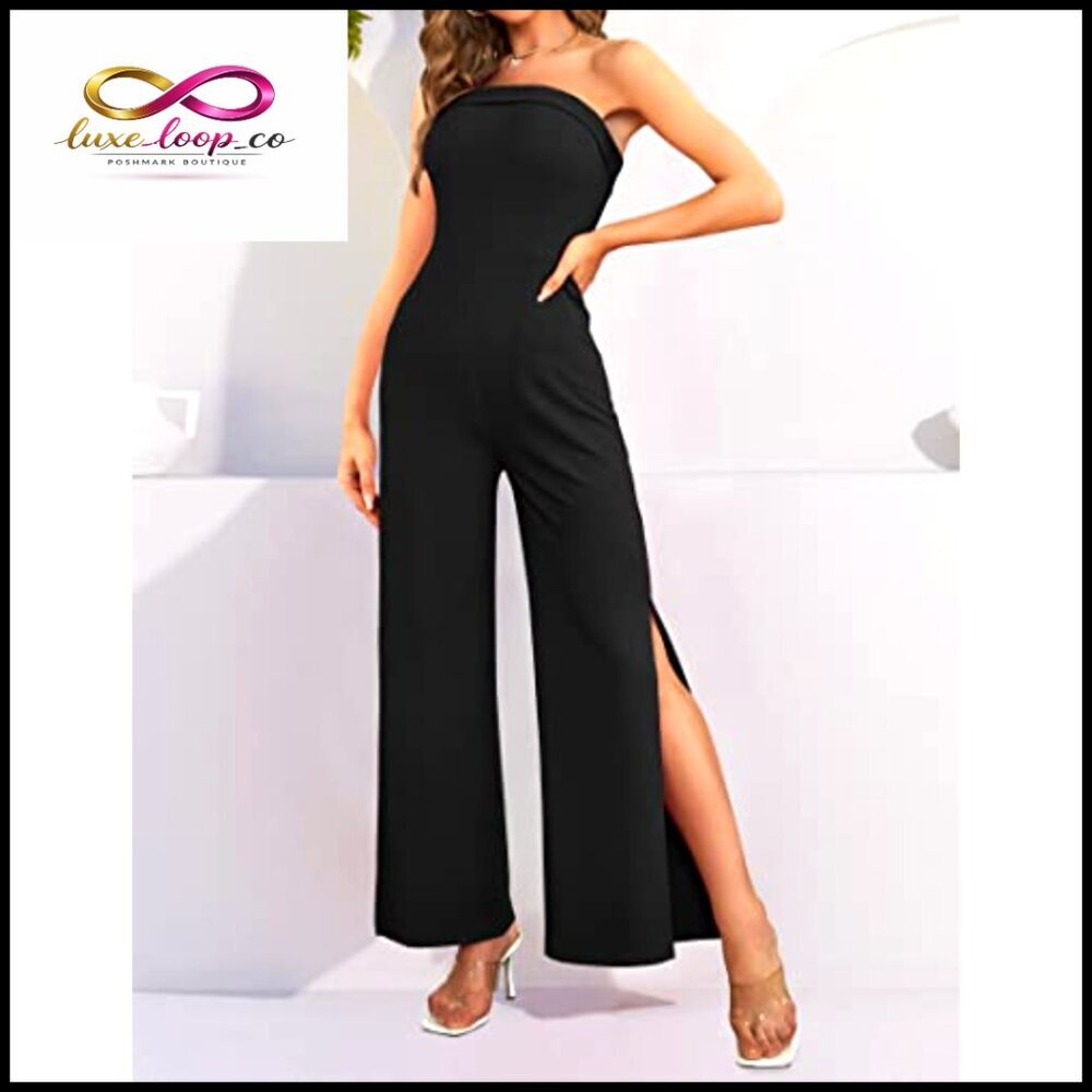 Strapless Jumpsuit Off Shoulder High Waist Wide Leg Side Slit Pockets - Picture 4 of 7